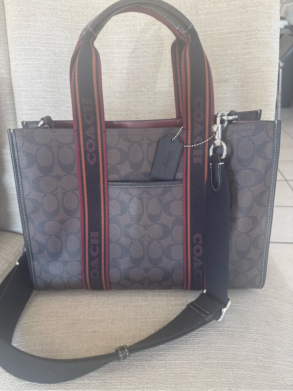 Coach Brown Signature Canvas Messenger with Red-Trim Straps